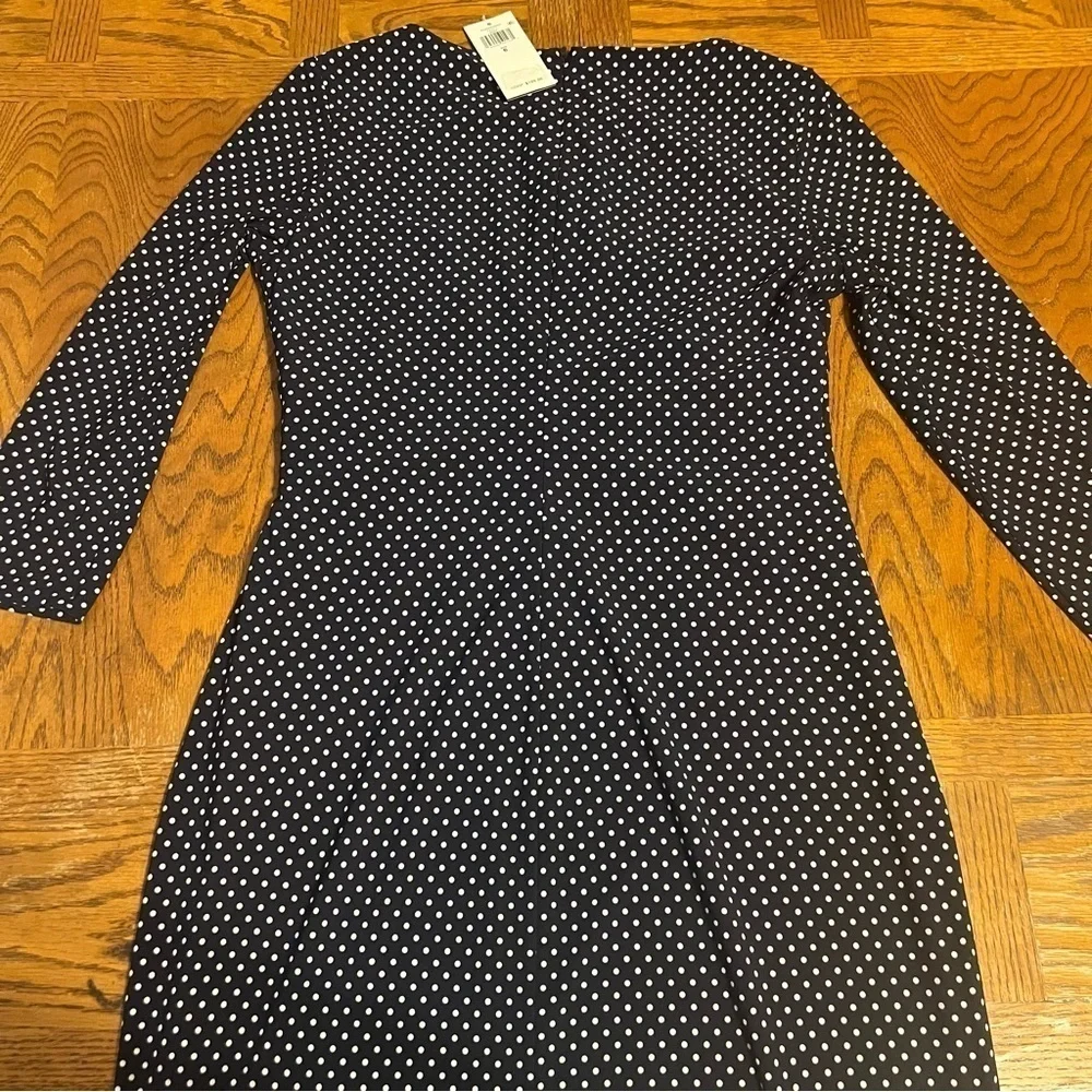 NEW Ralph Lauren Faux Wrap Ruched Jersey Knit Polka Dot Midi Dress in Navy Sz 6